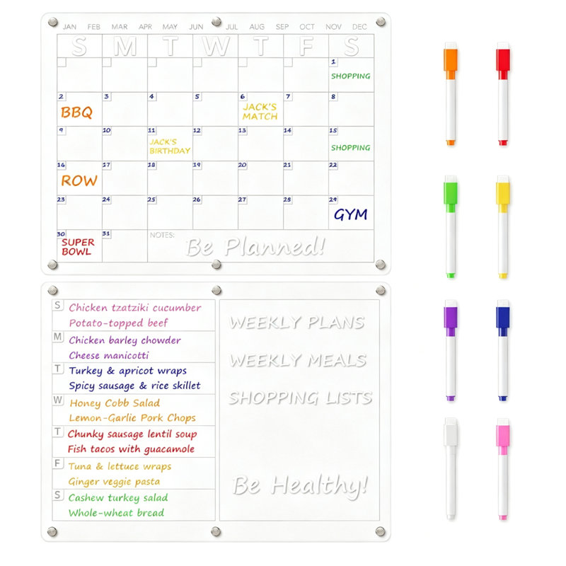 Calendrier de réfrigérateur magnétique transparent en acrylique et plan de repas, tableau de menu de réfrigérateur effaçable à sec deux fois par mois et par semaine pour la cuisine, livré avec 8 marqueurs de couleur
