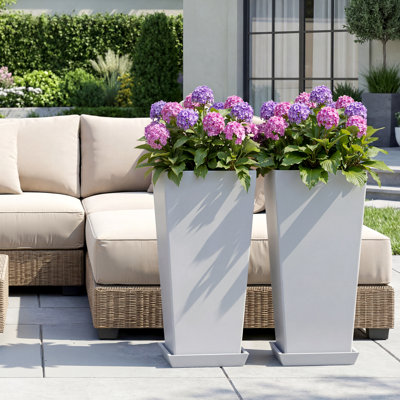 2 Set Tall Planters for Outdoor Plants, 24" Large Planters with Drainage Hole & Saucer