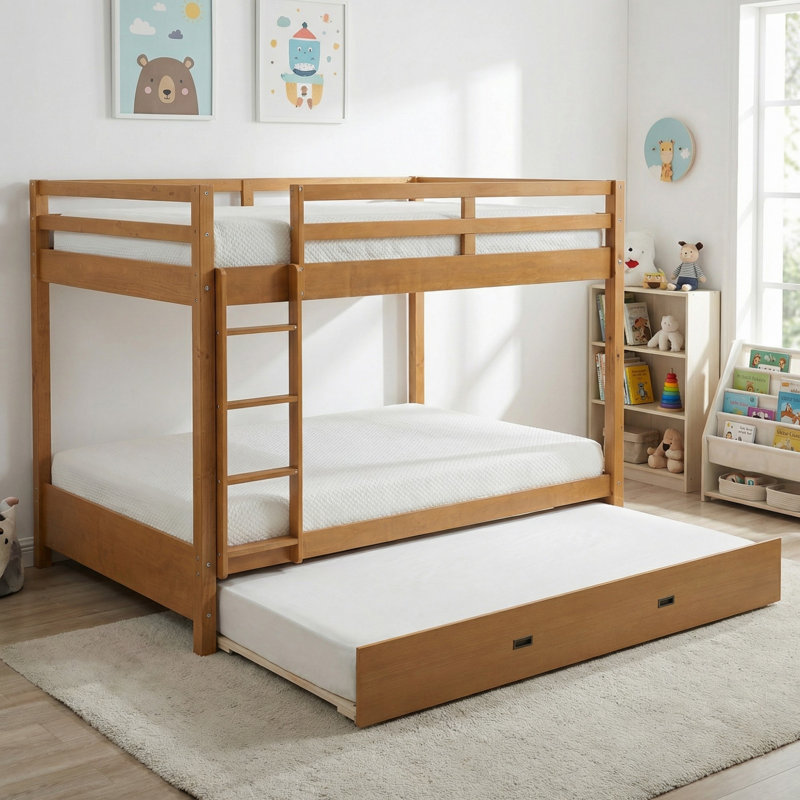 Lit superposé grand en bois massif avec lit gigogne et échelle pour chambre à coucher, Couleur du bois