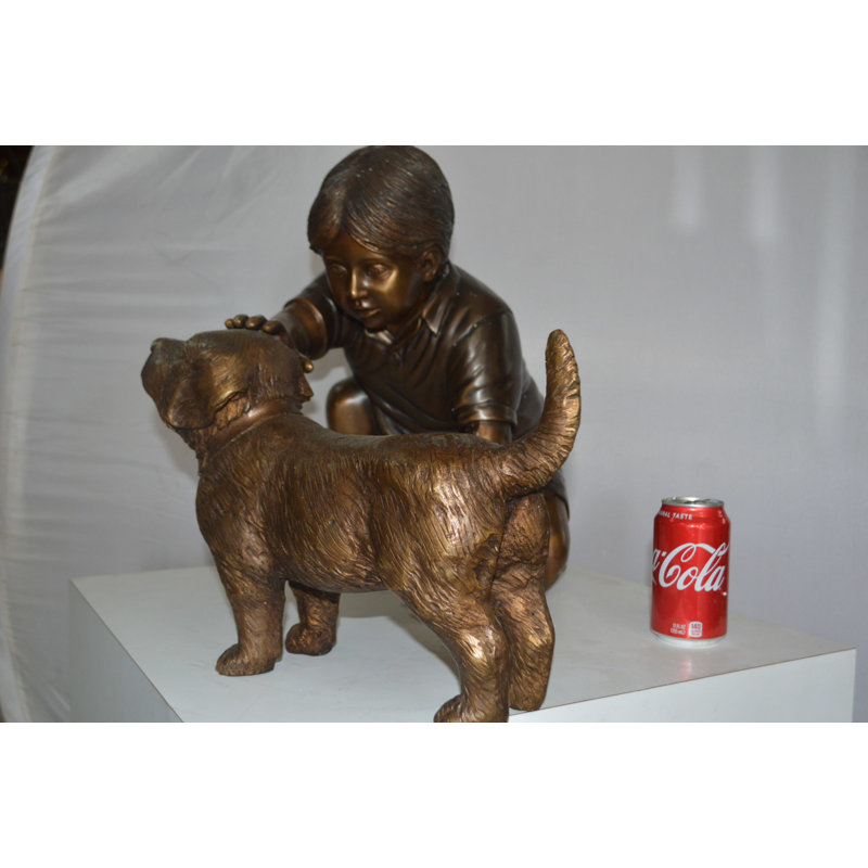 Boy And Dog Bronze Statue - Size: 30"L X 18"W X 18"H