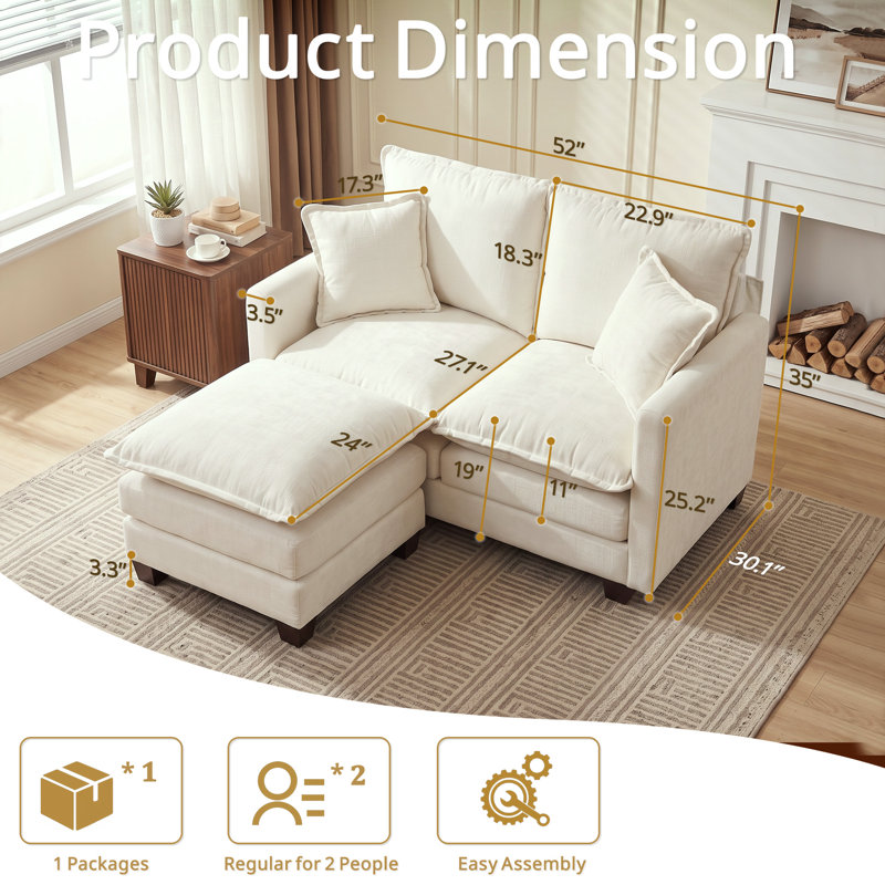 Canapé rembourré en chenille de 52 po, 52 po en forme de L, Beige