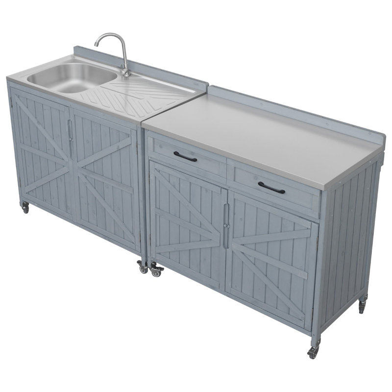 Chariot-bar modulaire en bois massif avec plateau en acier inoxydable 38,7 po H 2 pièces, Gris