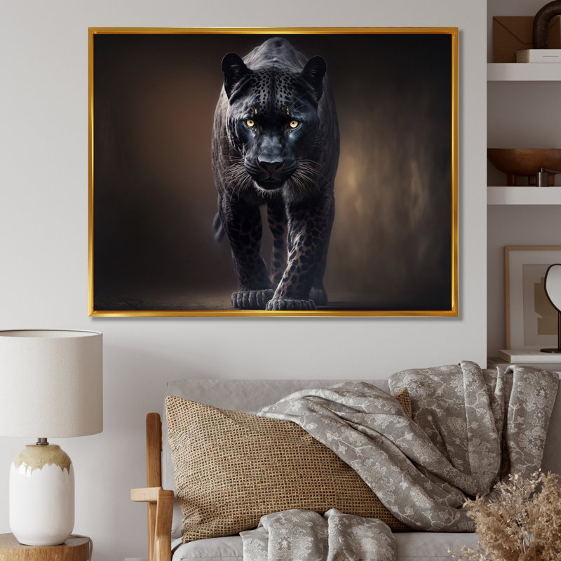 «Black Majestic Panther II» - art mural panthère, H 30 po x l 40 po, Toile avec cadre flottant, Doré