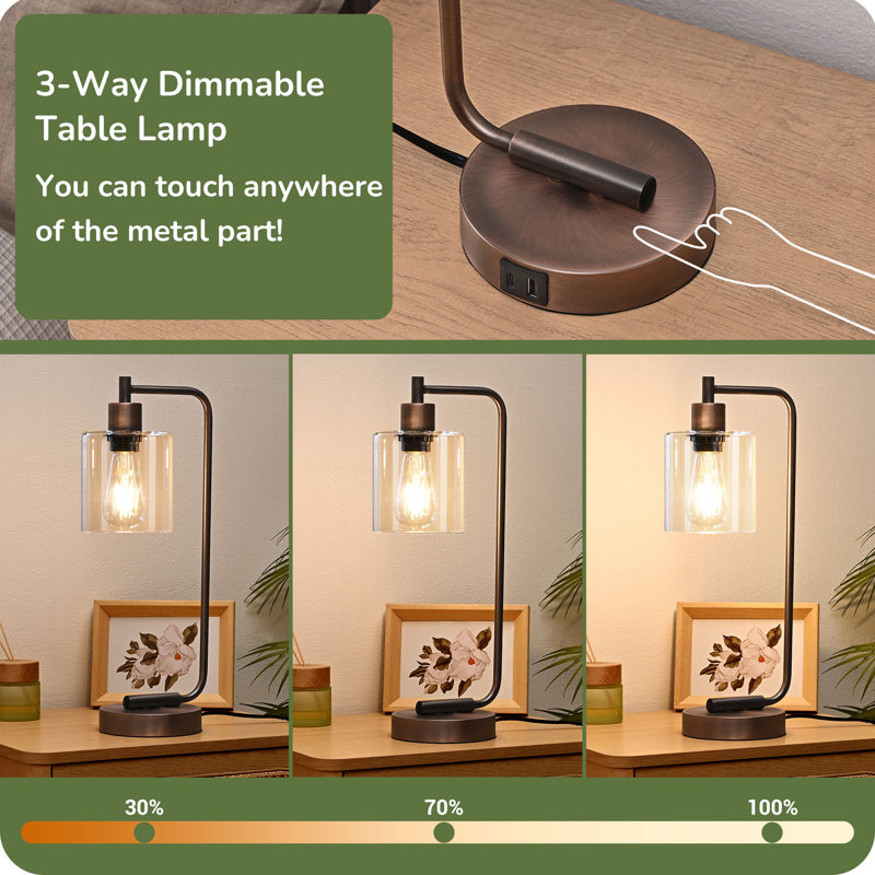 19 '' Dimmable Table Lamp With Usb And Touch Control (Set of 2), Antique Red Copper