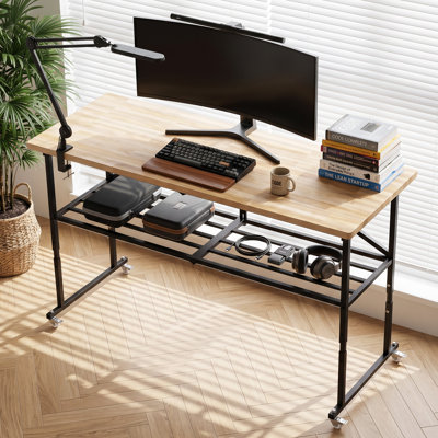 Kosten 68.5" Modern Adjustable Solid Wood Crafting Table, Folding Workstation with Storage Shelf, Heavy-Duty Metal Frame - Natural