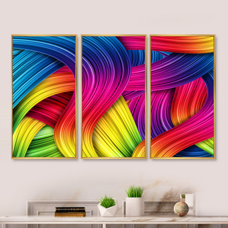 Art 3D arc-en-ciel - ensemble de 3 toiles abstraites encadrées, H 28 po x l 36 po x P 1 po, Or