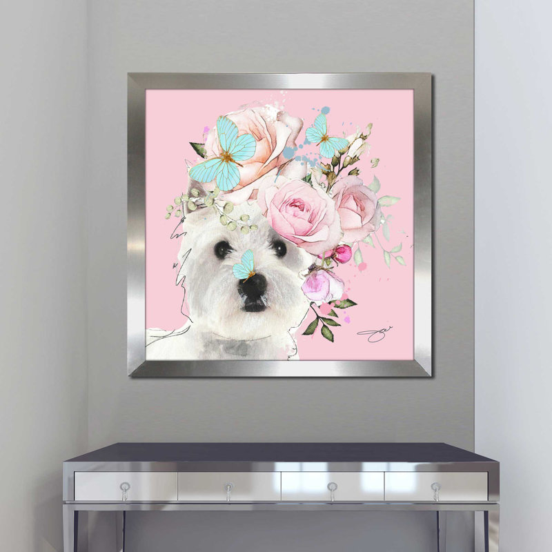 Flower Westies (Square) par By Jodi - impression, Encadrement argenté, H 31,5 po x l 31,5 po x P 1 po