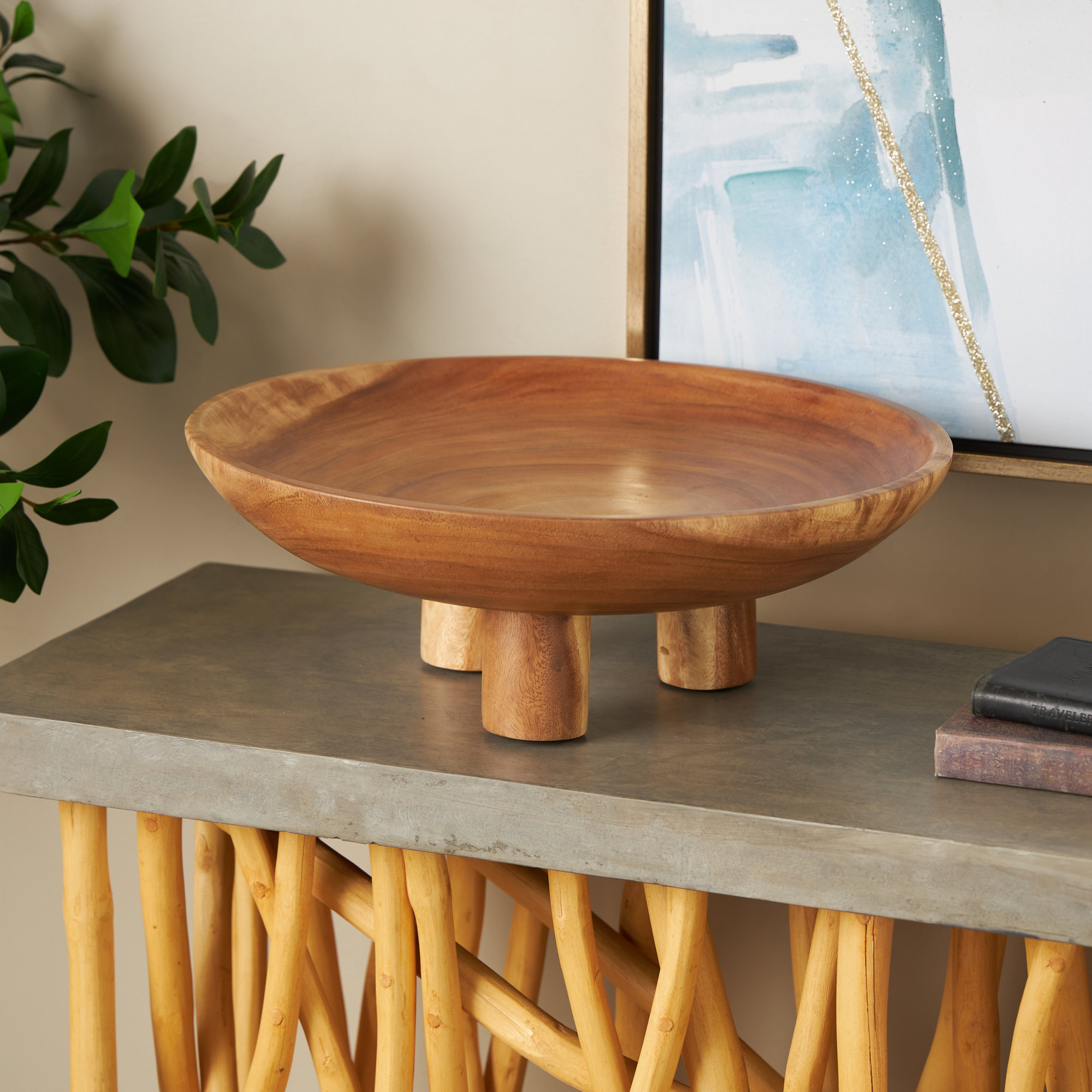 Elsie Cole and Grey Teak Wood Handmade Round Brown Decorative Bowl with Peg Legs