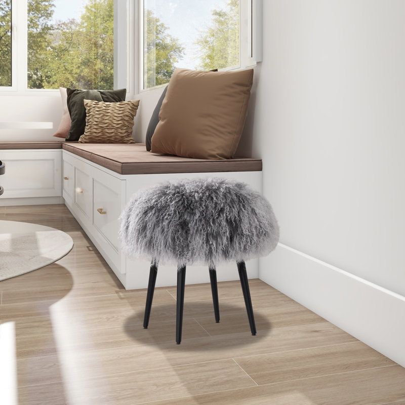 Stanny Upholstered Ottoman, Gray Genuine Fur