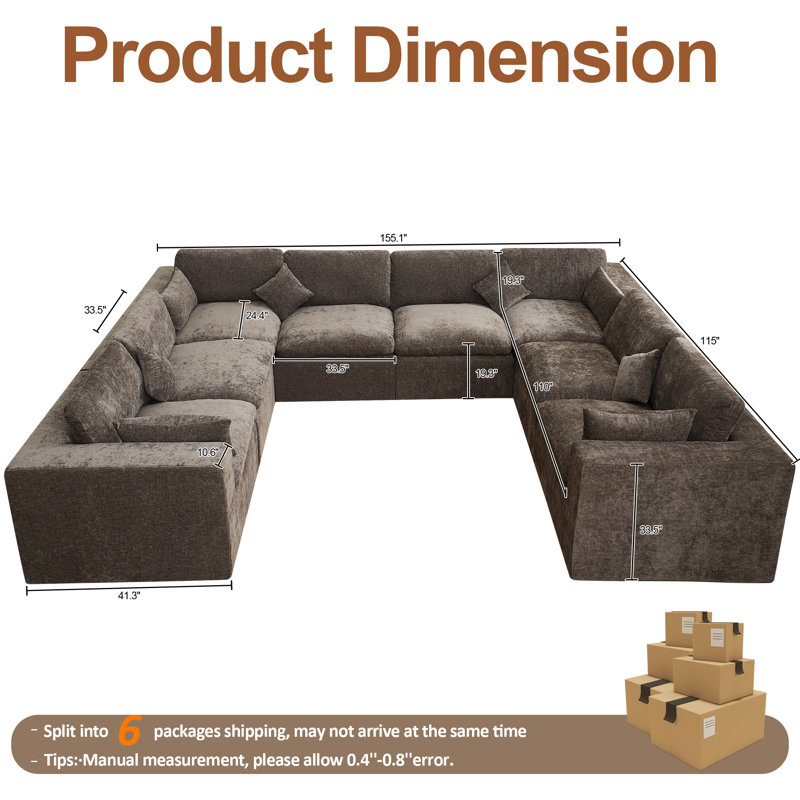 155'' Cloud Compression Sectional Couch, Brown Chenille