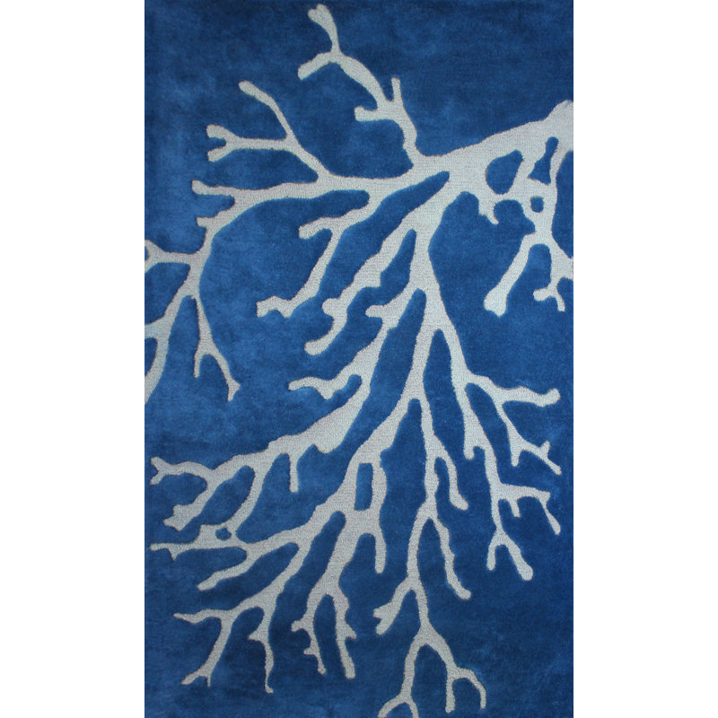Tapis décoratif bleu/gris en laine Touffeté à la main à motif floral Dewsbury, Rectangle 5 pi x 8 pi