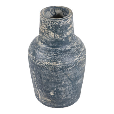 Cylindrical Terracotta Table Vase for Rustic Decor - Tall Flower Vase with Weathered Texture for Living Room or Home Display - 9", Blue & White