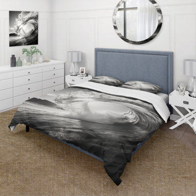 Nautical & Coastal Comforter Set 4 Pcs - Black And White Wave Photo I With Shams And Throw Pillows