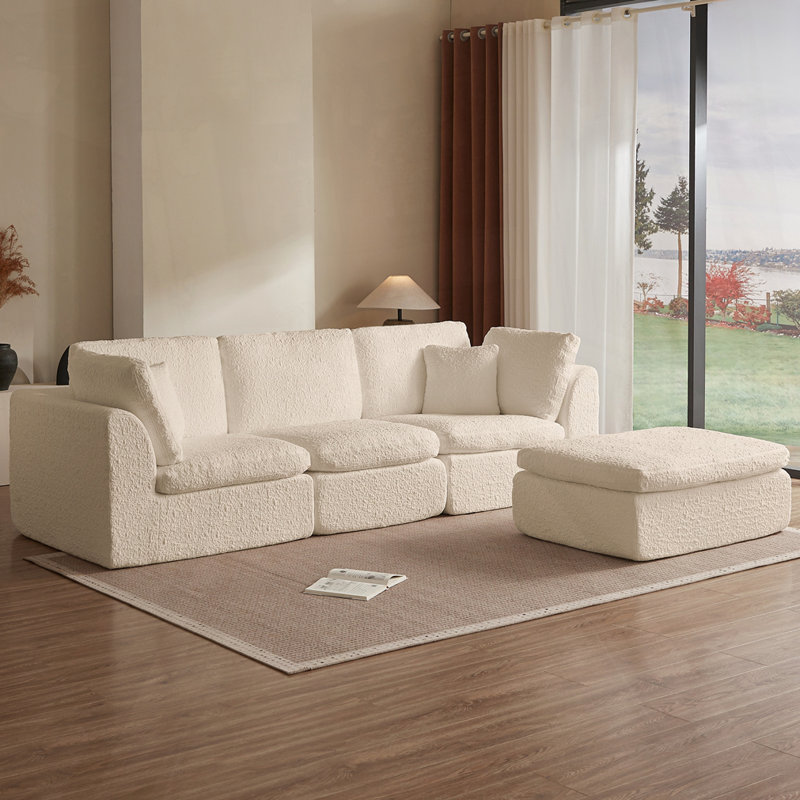 Canapé convertible en L avec repose-pieds, Chenille beige