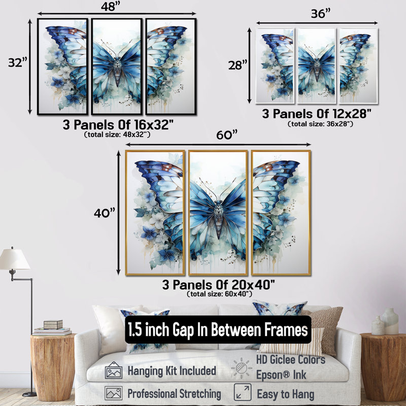 Papillon, aquarelle, ailes I - ensemble de salon avec art animalier papillon, H 32 po x l 48 po, Cadre flottant brun