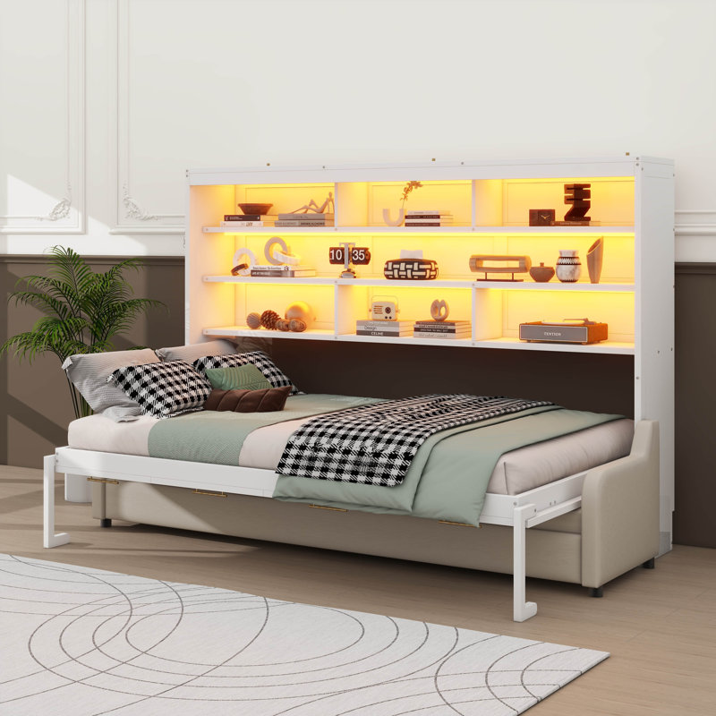 Grand lit escamotable à armoire murale avec canapé pliable, rangement intégré et éclairage DEL