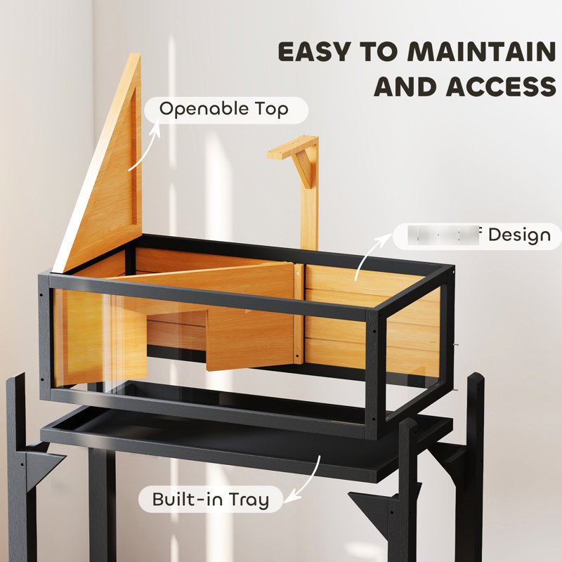Pavillon de tortue en bois jaune avec tablette de rangement, grandes fenêtres transparentes à l'avant pour une meilleure visibilité, plateau ouvert et porte-lampe - rangement facile, bon abri confortable