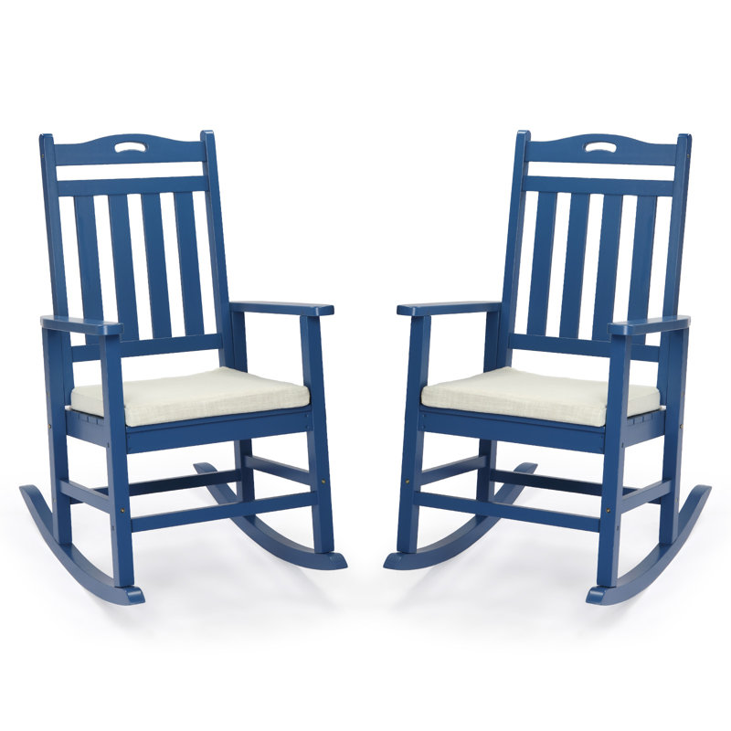 Chaises berçantes de patio en bois massif avec coussins blanc cassé (ensemble de 2), Bleu