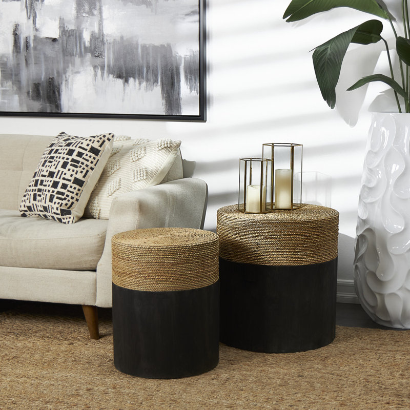 Black Wood Handmade Side End Accent Table with Brown Wrapped Seagrass Tabletops, Set of 2