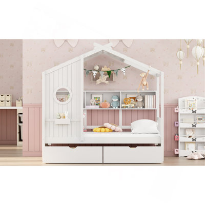 Lit en bois avec 2 tiroirs, lit pour enfant avec tablette de rangement, blanc