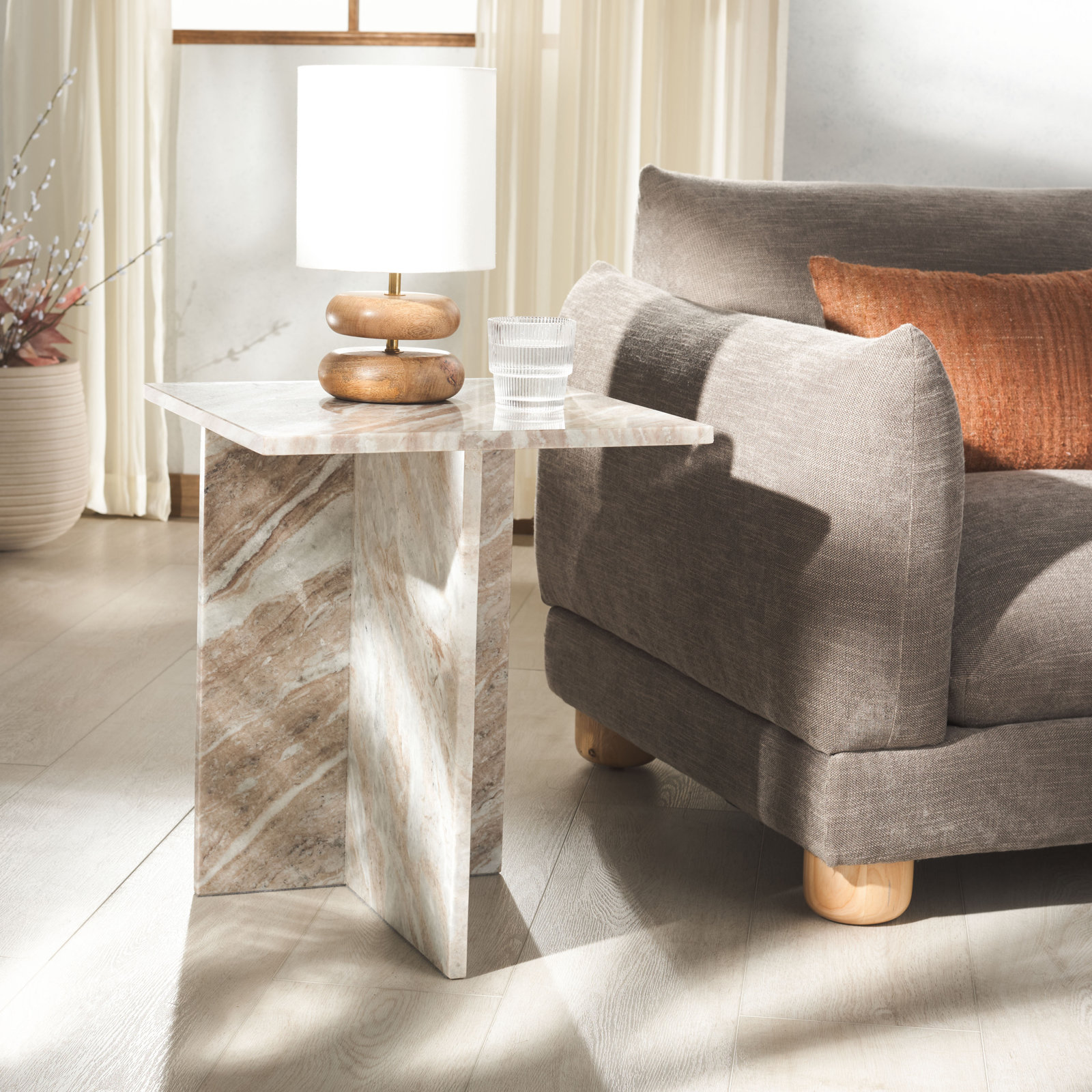 18" Genuine Marble End Table, White/Brown