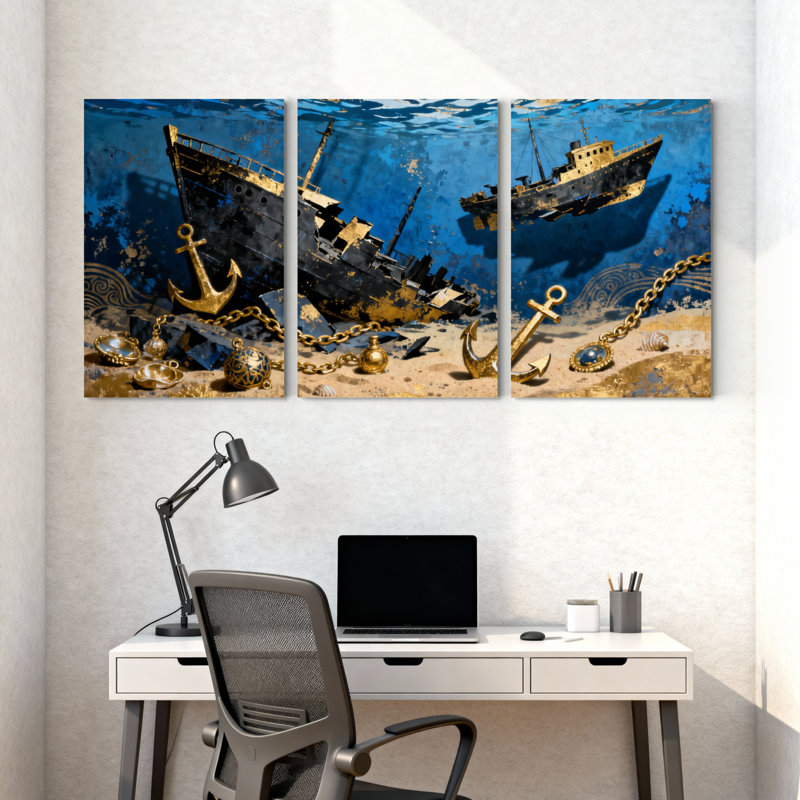 «Sunken Ship Anchor Gold Chain Treasures Underwater Ocean Profondeurs», ensemble de 3 impressions sur toile