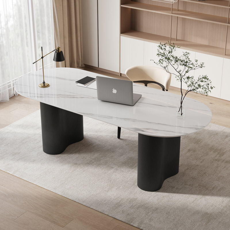 71'' Office Desk With Black Double Roman Column Legs, Modern Faux Marble Writing & Computer Desk, White/Black