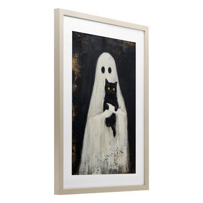 «Black Kitty & Ghost», reproduction sous verre encadrée, design par Petal Prints Design