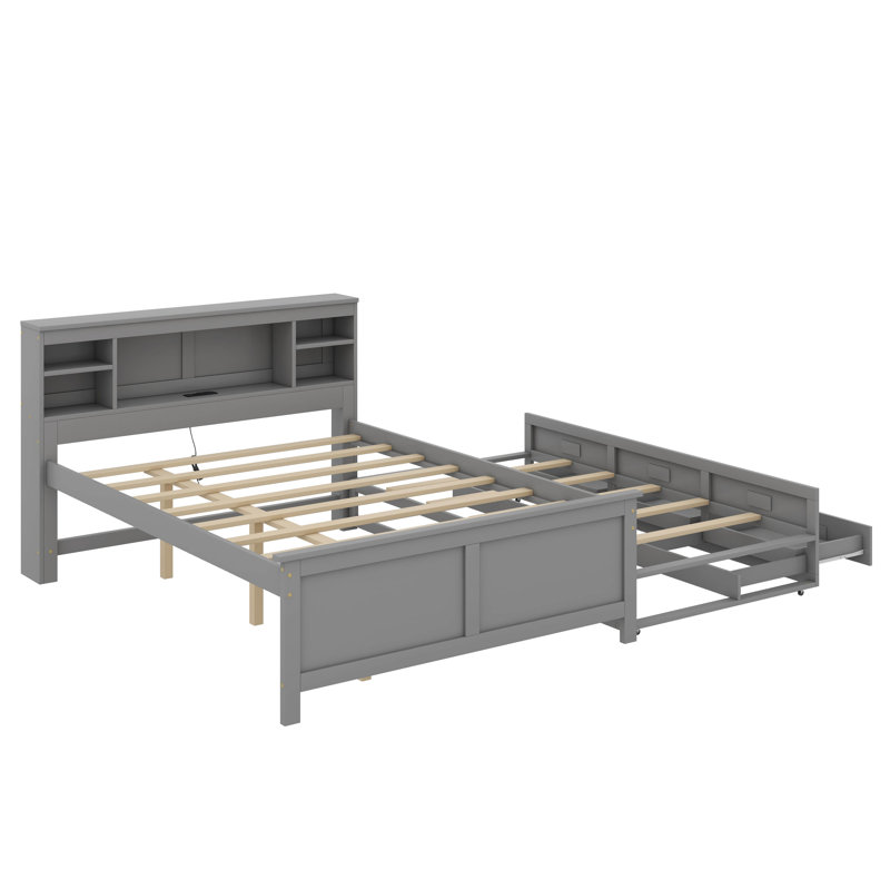 Lit plateforme avec tête de lit, USB, lit simple et tiroirs, Gris, Lit double