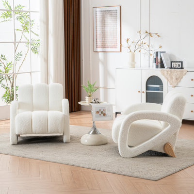Upholstered Boucle Tufted Armchair with Solid Wood Legs