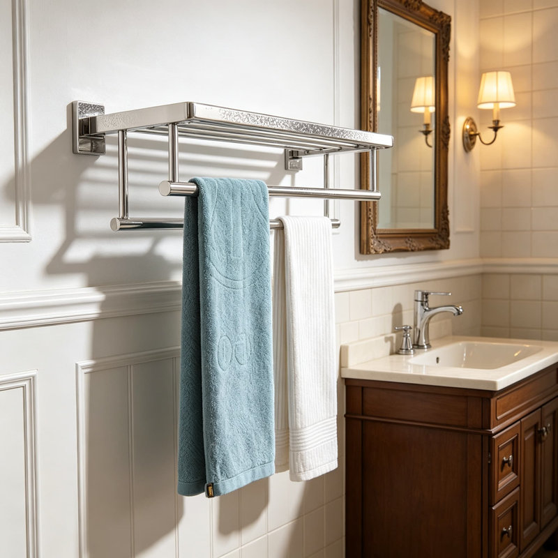 Bathroom Towel Rack with Double Towel Bars Wall Mounted Towel Shelf SUS 304 Stainless Steel Polished Chrome Finish