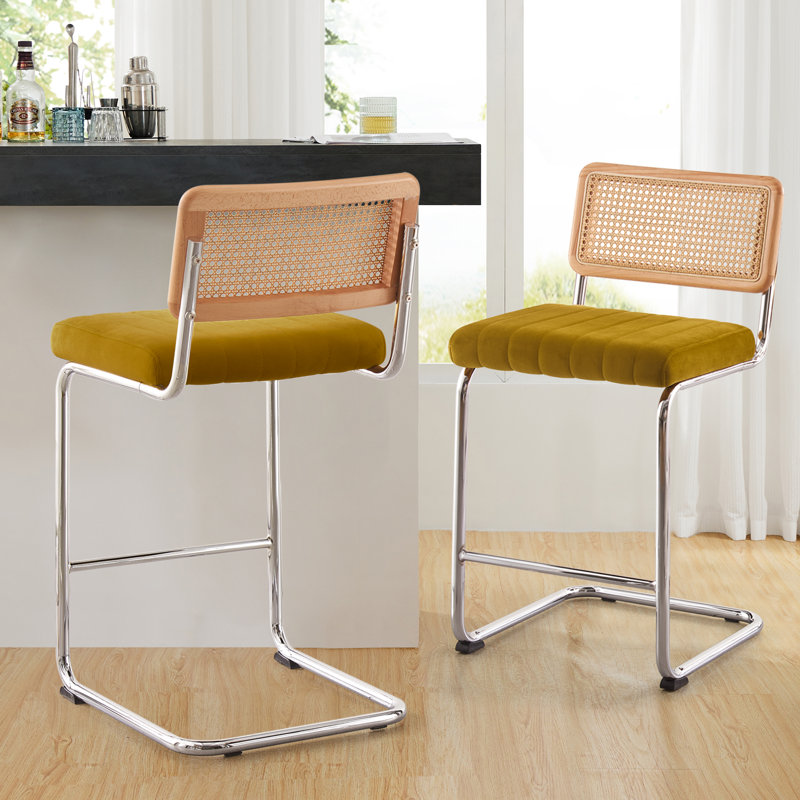 Tabouret rembourré en velours Krickelin, Argent, Jaune, Tabouret de comptoir (siège d'une hauteur de 26 p