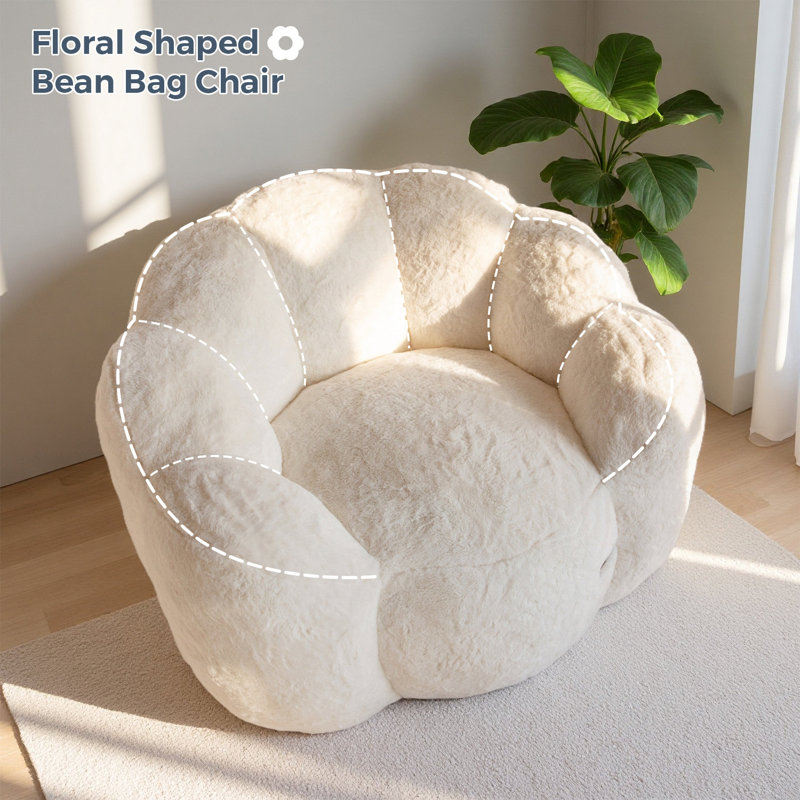 Floral Shaped Bean Bag Chair, Beige Faux Fur , Single