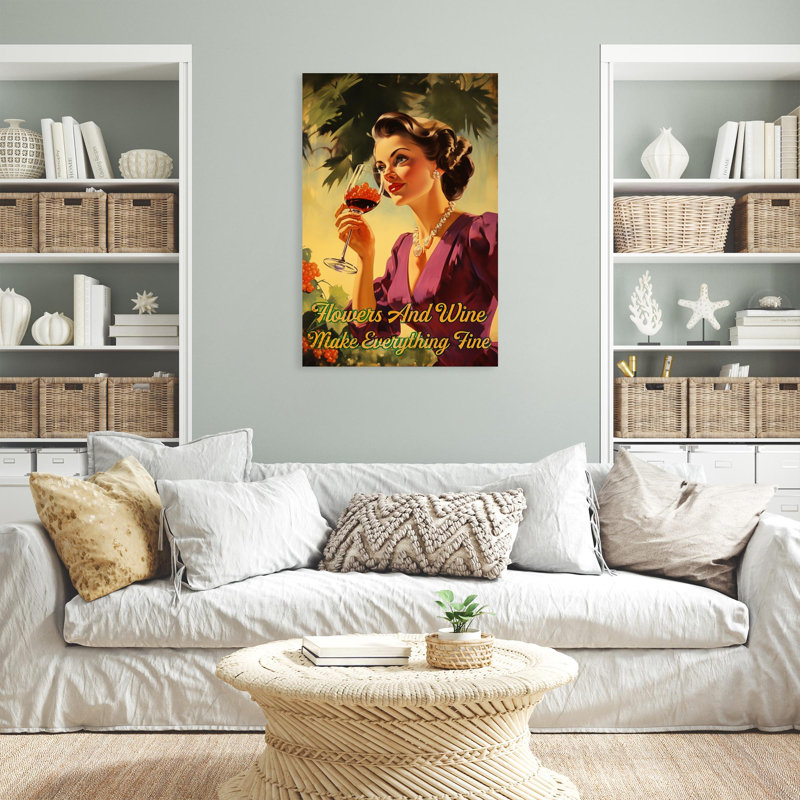 «Woman Flowers And Wine», reproduction d'art graphique sur toile tendue, H 36 po x l 24 po x P 1,25 po