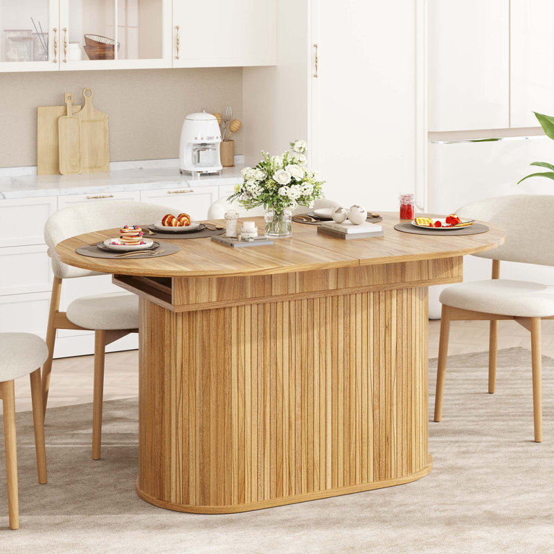 Table de salle à manger extensible avec pieds rayés et conception en arc, Naturel