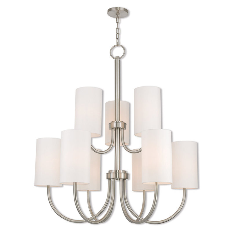 Lustre à niveaux 9 lumières à abat-jour Agamemnon, Nickel brossé