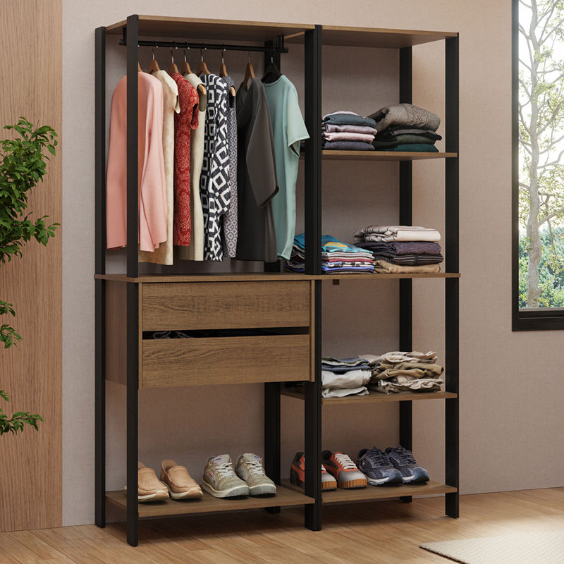  Wardrobe Clothes Storage Rack with 2 Drawers, 7 Shelves and Hanging Space 51"L Multiuse Modular Cabinet for Bedroom Organization - Black/Brown