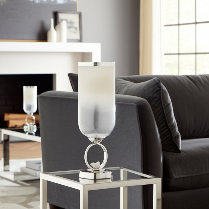 Decorative Glass Vase with Metal Stone and Aluminum Base Featuring Modern Circular Accent Design, 17" H x 6" W x 6" D