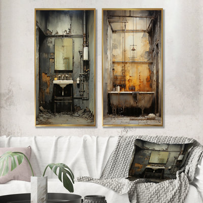 «Gray Industrial Minimalist Bath II» - ensemble de 2 reproductions d'art sur toile