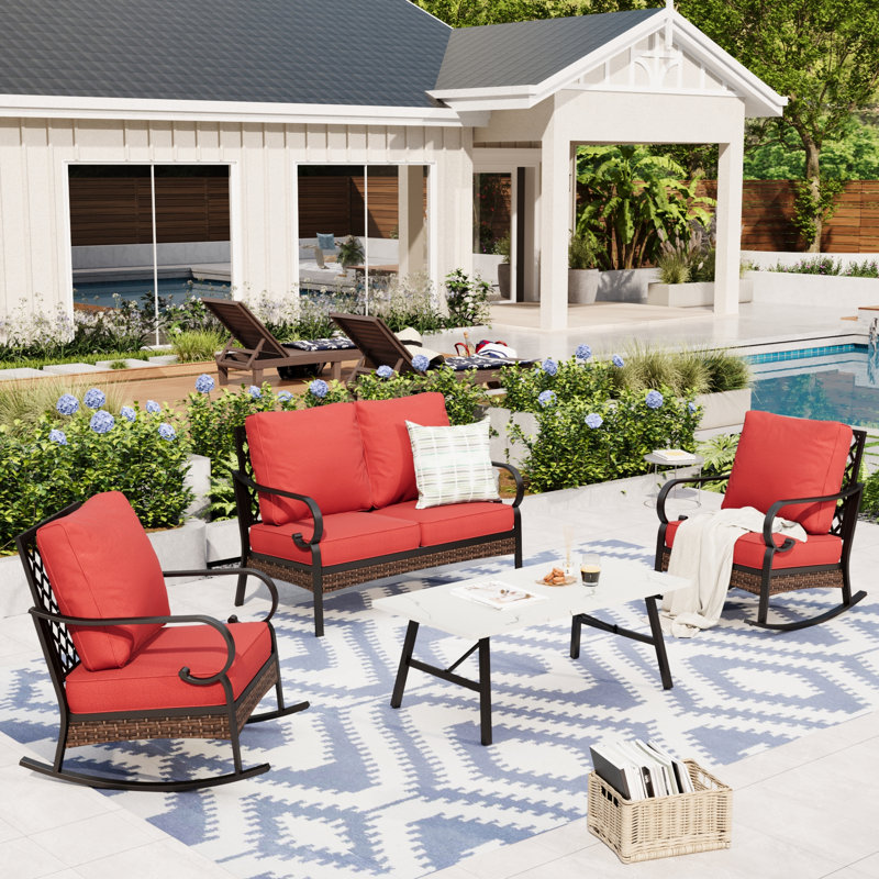 4-Person Patio Furniture Set With Rocking Lounge Chairs, Red