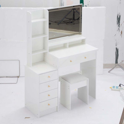 41" Large Size Left Bedside Cabinet Vanity Table+Cushioned Stool, Extra Large Touch Control LED Mirror, 3-color Switch, Multi Layer High Capacity Storage Fashionable Dresser, Suitable For Large Space
