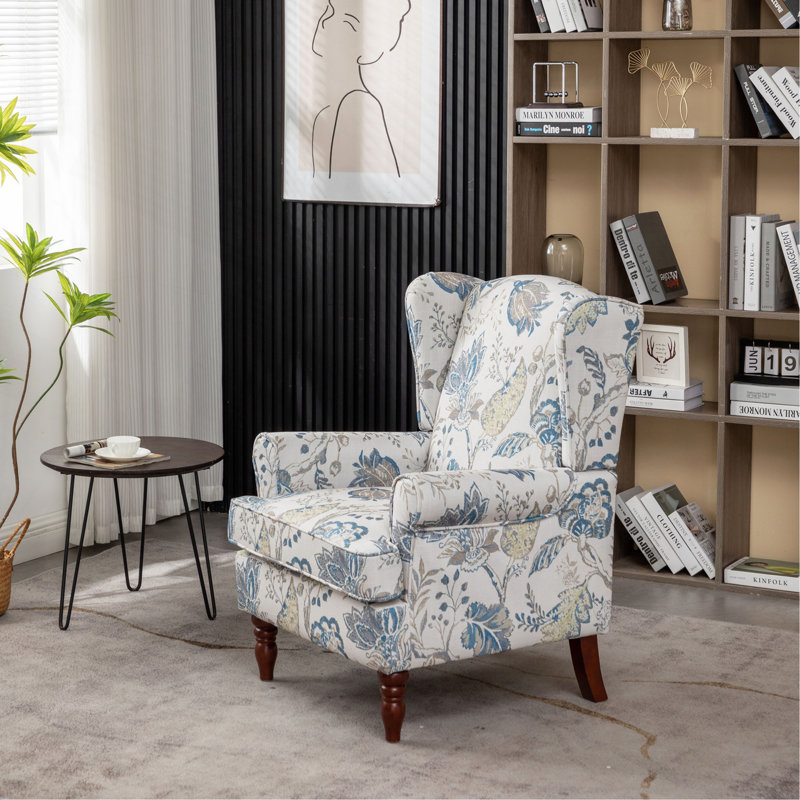 Chaise d'appoint moderne avec pieds en bois rétro, fauteuil rembourré confortable, canapé simple à motif floral pour le bureau de la chambre du salon - bleu floral