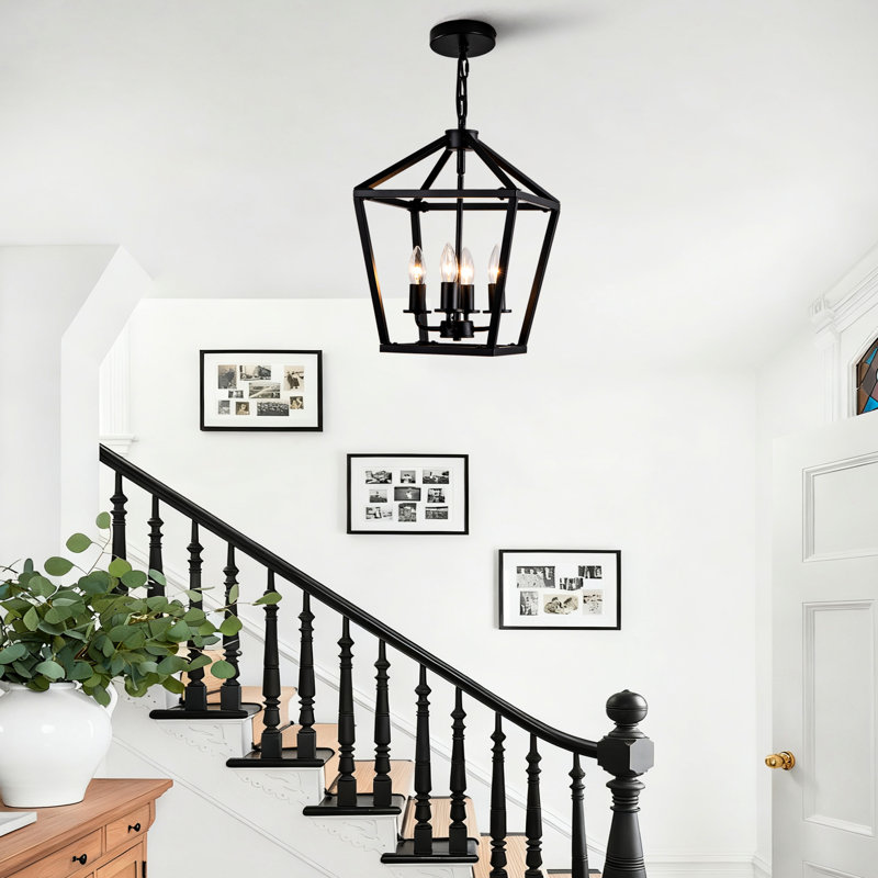 4 - Lanterne noire industrielle, plafond rustique avec douille E12, réglable pour une hauteur personnalisée dans la salle à manger, cage ouverte, ampoule, vestibule suspendu