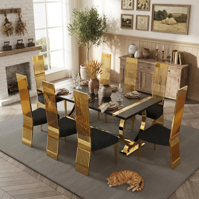 5 Piece Glam Gold Dining Table Set With 4 Black Boucle And Gold Dining Chairs