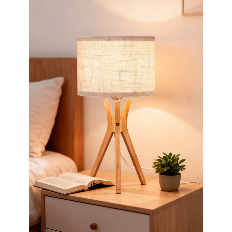 Lampe de table à trépied, lampe de chevet moderne de 17,5 pouces avec pieds en bois et abat-jour en lin beige, lampe de chevet Boho pour chambre à coucher, salon, bureau, base E26