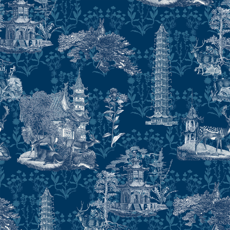 The Signature Pagoda Toile 10' L x 24" W Wallpaper Roll, Midnight, Paper, Non-pasted