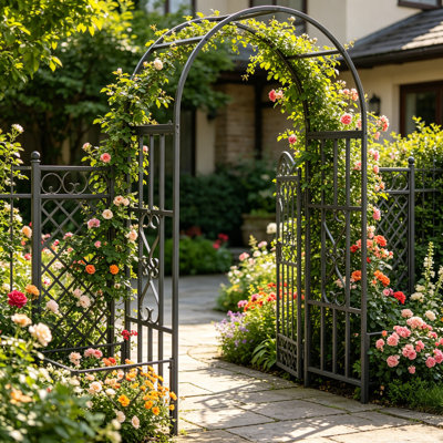 Heavy Duty 6.7' Steel Garden Arch with Scrollwork Hearts & Planter Boxes – Weatherproof Epoxy Coated Metal Arbor for Climbing Vines, Wedding Ceremony, Party, Backyard, Lawn, Dark Gray