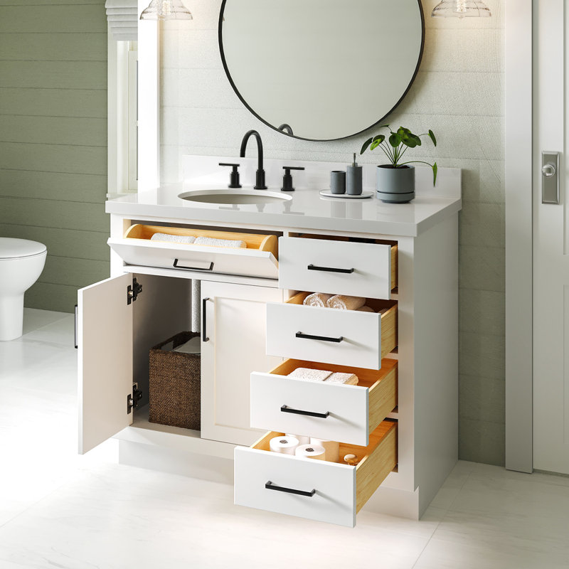 Meuble-lavabo simple en bois massif 42 po Tidworth avec plateau en quartz blanc 1,5 po, Gauche, Ovale, Blanc