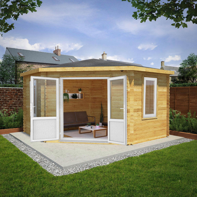 Mercia 13ft x 13ft Corner Cabin With UPVC Windows & Doors (44mm), White/Natural Timber