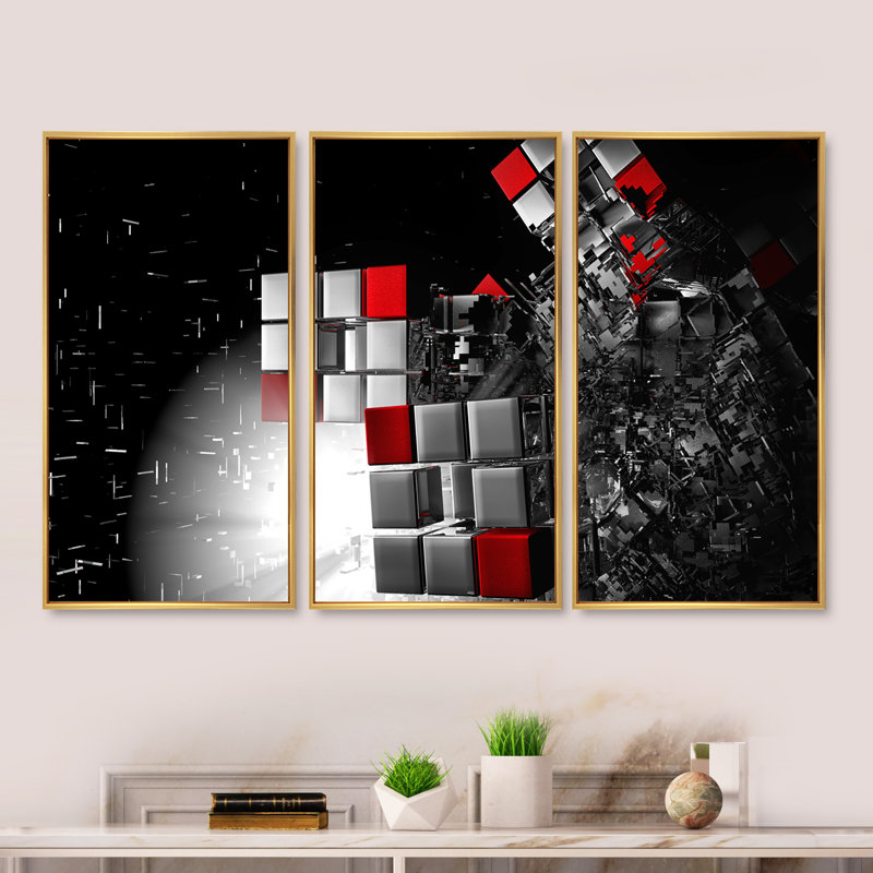 «Fractal 3D Red White Cubes», ensemble de 3 toiles abstraites encadrées, H 28 po x l 36 po x P 1 po, Or